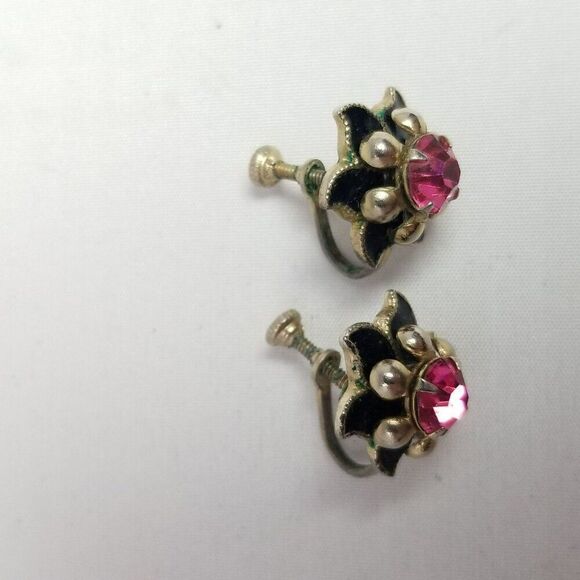 Vintage Pink Rhinestone Flower Clip On Earrings, Silver Tone Prong Set, Estate - Picture 3 of 7